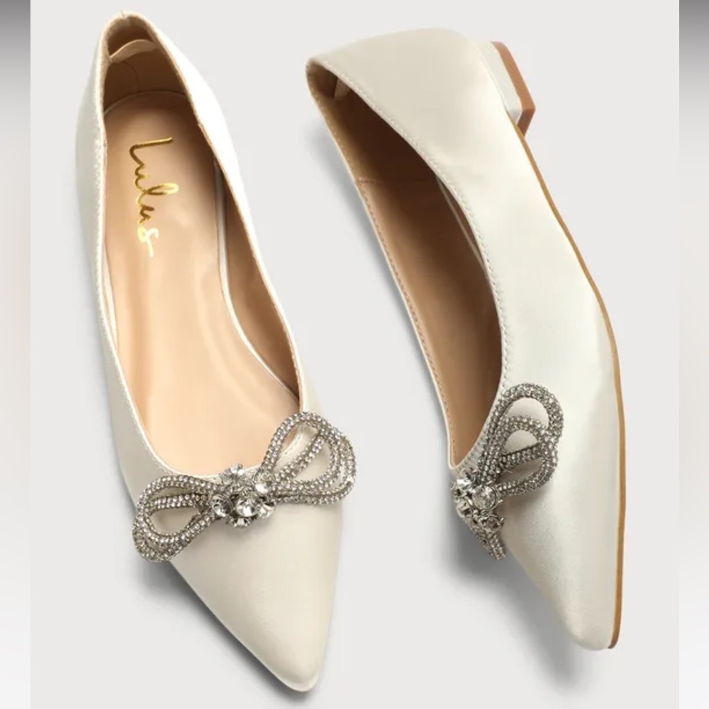 Lulu’s Bowful Ivory Satin Rhinestone Pointed-Toe Ballet Flats